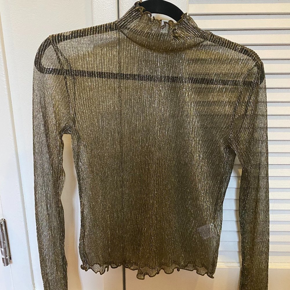 Joie Elmeria Sheer Metallic Turtleneck Top XS - Gold